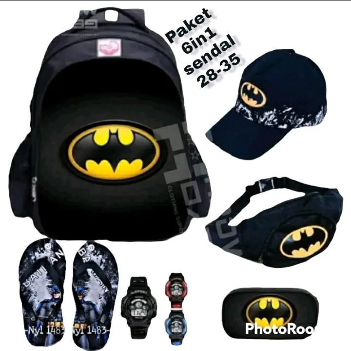 6IN1 Tas Ransel Anak Laki-laki TK SD Paket Kumplit Karakter Batman Superhero