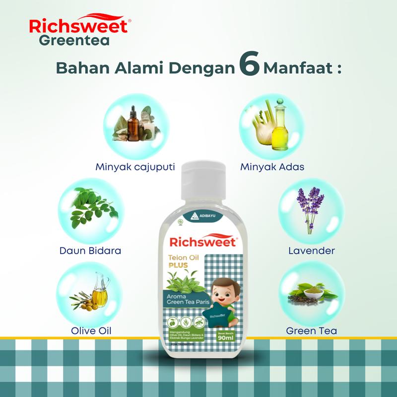 Richsweet Minyak Telon Plus Aroma Green Tea 90ml | Perlindungan sampai 12 Jam Anti Nyamuk + Ekstrak Daun Bidara 1