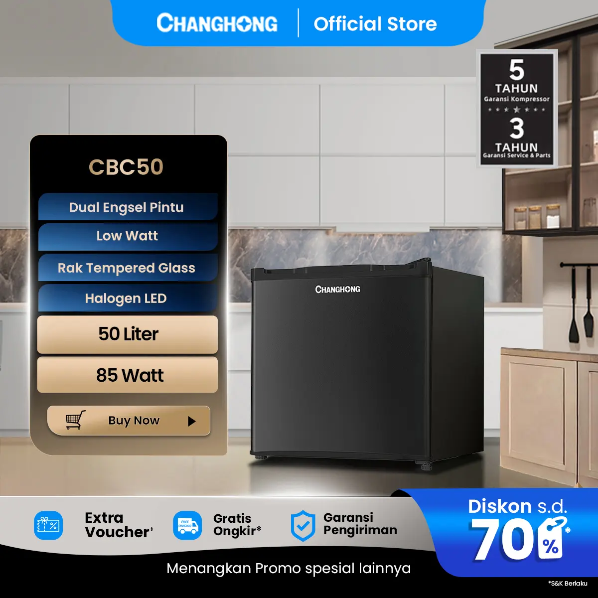 Changhong Kulkas mini anak kos Lemari Es Mini Bar  Refrigerator mini Kapasitas 50 Liter, Pendingin Minuman, Pintu Fleksibel, Hemat Listrik - CBC 50 Black