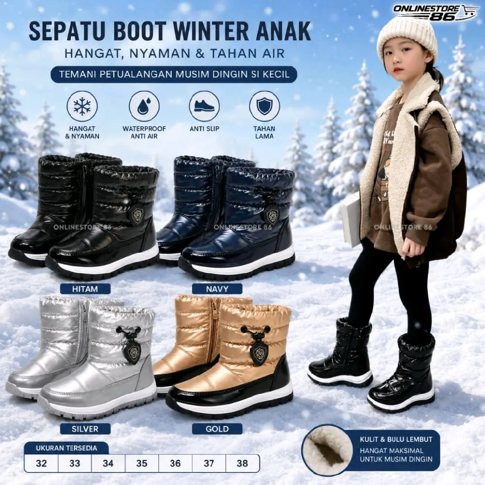 Sepatu Winter Boots Anak Unisex Cewek Cowok Snow Boots Waterproof Thermal Bulu Hangat Anti Slip Musim Dingin Outdoor Untuk Anak Laki-laki & perempuan C52