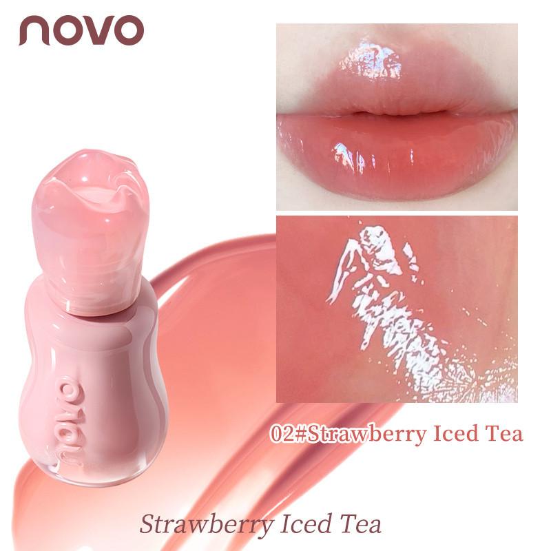 NOVO 6428 son bóng dạng nước trong suốt pha lê, tán sắc nhẹ; son bóng dạng thủy tinh; hình quả bầu màu hồng; son bóng dạng nước; gương trong suốt cho môi.