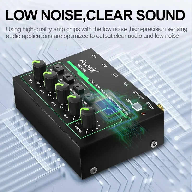 Aveek 4 Channel Mixer - Mini 4 Stereo Audio Mixer, Low-Noise for Precision Sub-Mixing,1/4" TRS Input/Output Ideal for Mics/Guitars/Bass/Stage - 3 x 4.4 x 1.3 inches 4
