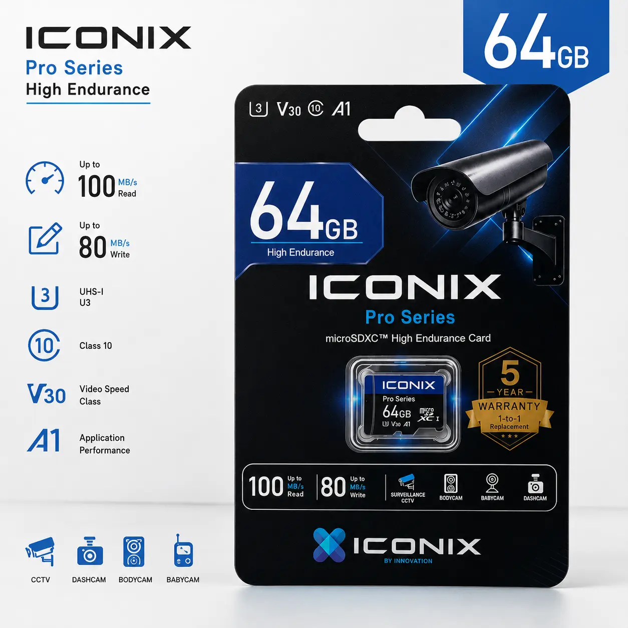 ICONIX MicroSD 64GB U3 V30 A1 High Endurance Pro Series - Memory Card CCTV Dashcam Babycam Smartphone Full HD 4K Garansi Resmi 8 Tahun