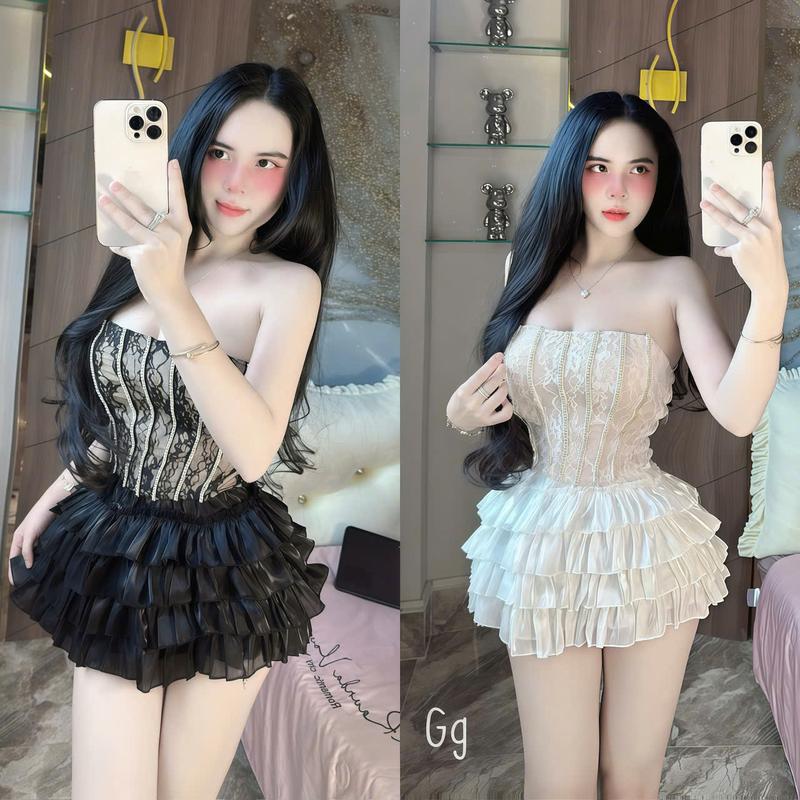  Set đồ nữ áo ren cúp ngực   có mút   phối chân váy ren tầng xòe   có lót   sang chảnh gợi cảm xinh xắn phù hợp cho các nàng diện đi tiệc đi chơi du lịch 