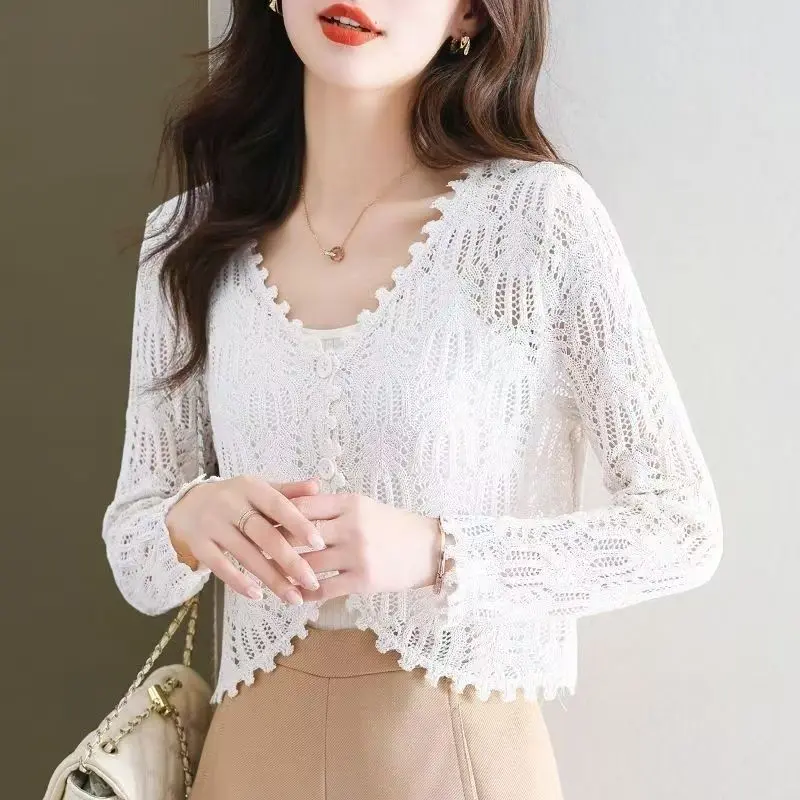 áo cardigan,áo lưới nữ form rộng,áo sweater,áo cardigan,áo sweater sw,áo lưới nữ sang chảnh,knitted blouse,Áo Choàng Dệt Kim Mỏng, OOTD-Thoáng Mát Mùa Hè, Áo Khoác Chống Nắng Ngắn Tay Cho Nữ, Phong Cách Phương Tây Mới, Áo Cardigan Khoét Lỗ Đan, Quần Áo Nữ 1
