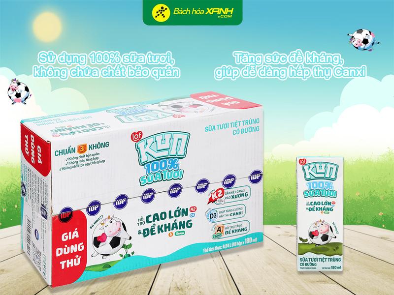 Thùng 48 hộp sữa tươi tiệt trùng có đường lof Kun 100% Sữa tươi 180ml