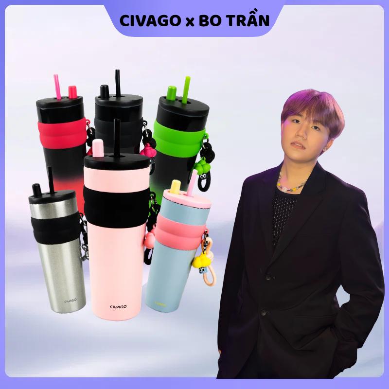  CIVAGO 26OZ  cốc cà phê lót gốm tráng men chống rỉ kèm ống hút hai tầng chân không giữ nhiệt giữ lạnh tặng kèm móc treo bông cải X BoTran 