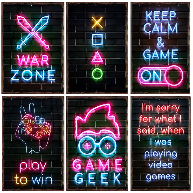 Bảng Hiệu Thiếc Kim Loại Trò Chơi Neon Cho Game Thủ, Trang Trí Nghệ Thuật Treo Tường Gia Đình, Mảng Phòng Ngủ Thanh Thiếu Niên, Nhà Để Xe, Câu Lạc Bộ, Quán Bar, Tấm Áp Phích Cổ Điển