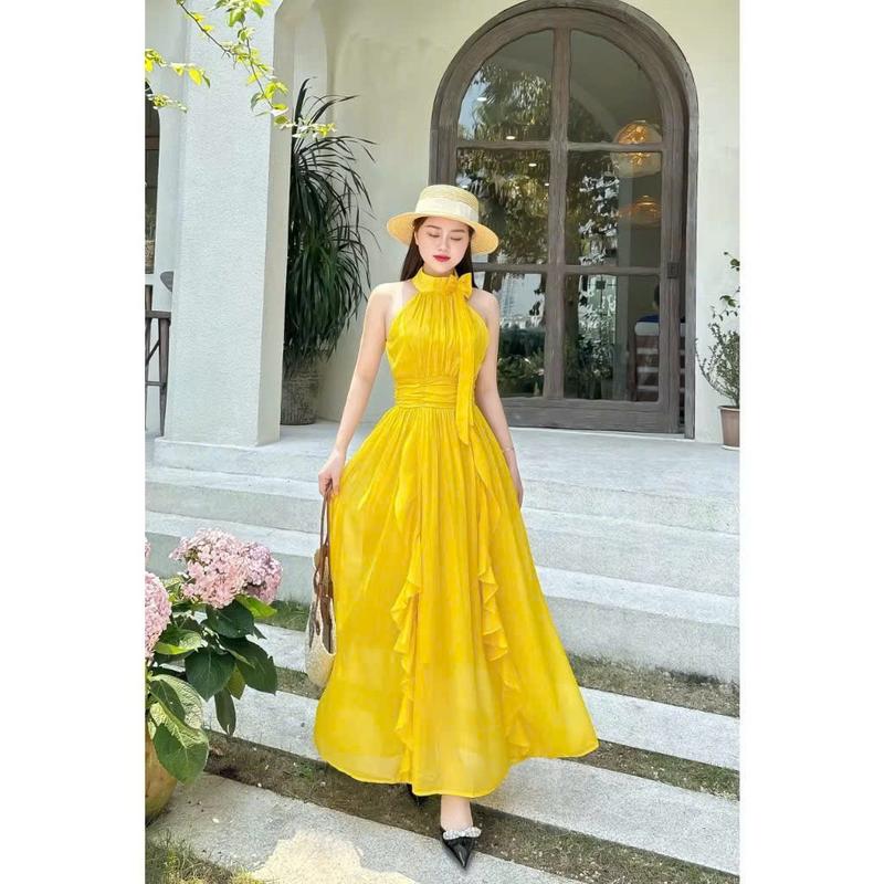 váy đầm maxi cổ yếm buộc nơ bèo xinh lung linh Đi chơi đi biển đi cafe siêu xinh