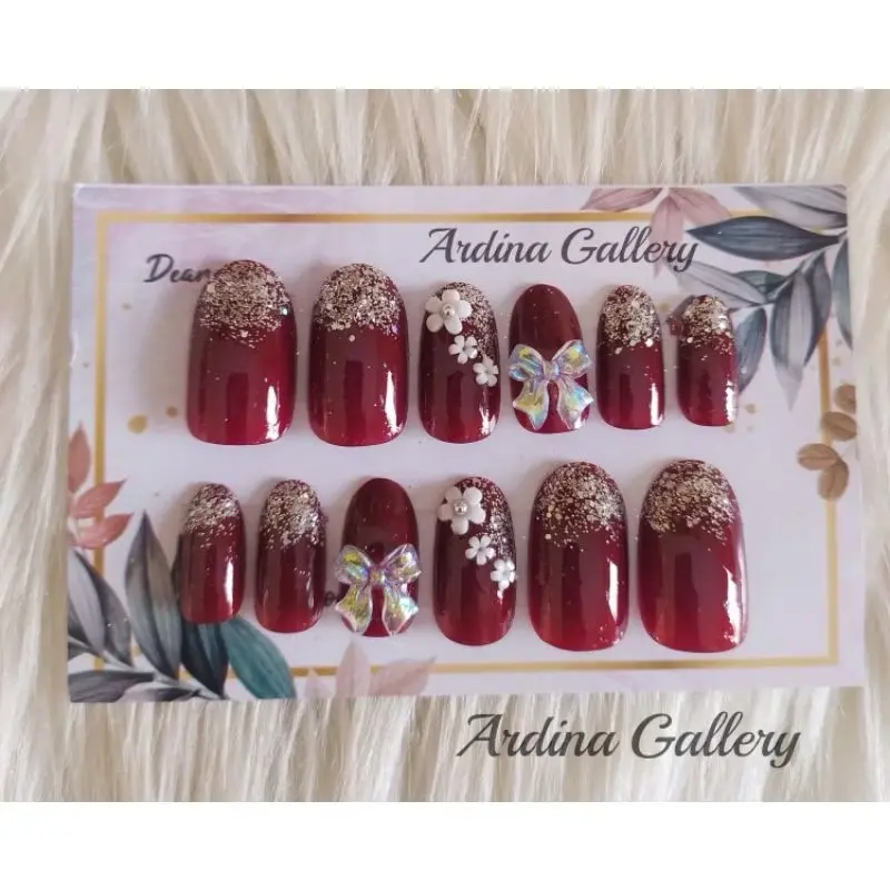 KUKU PALSU NAIL ART / KUKU PALSU MAROON/ FAKE NAIL FREE LEM TAHAN LAMA/KUKU PALSU PENGANTIN Nail Art Polish 8