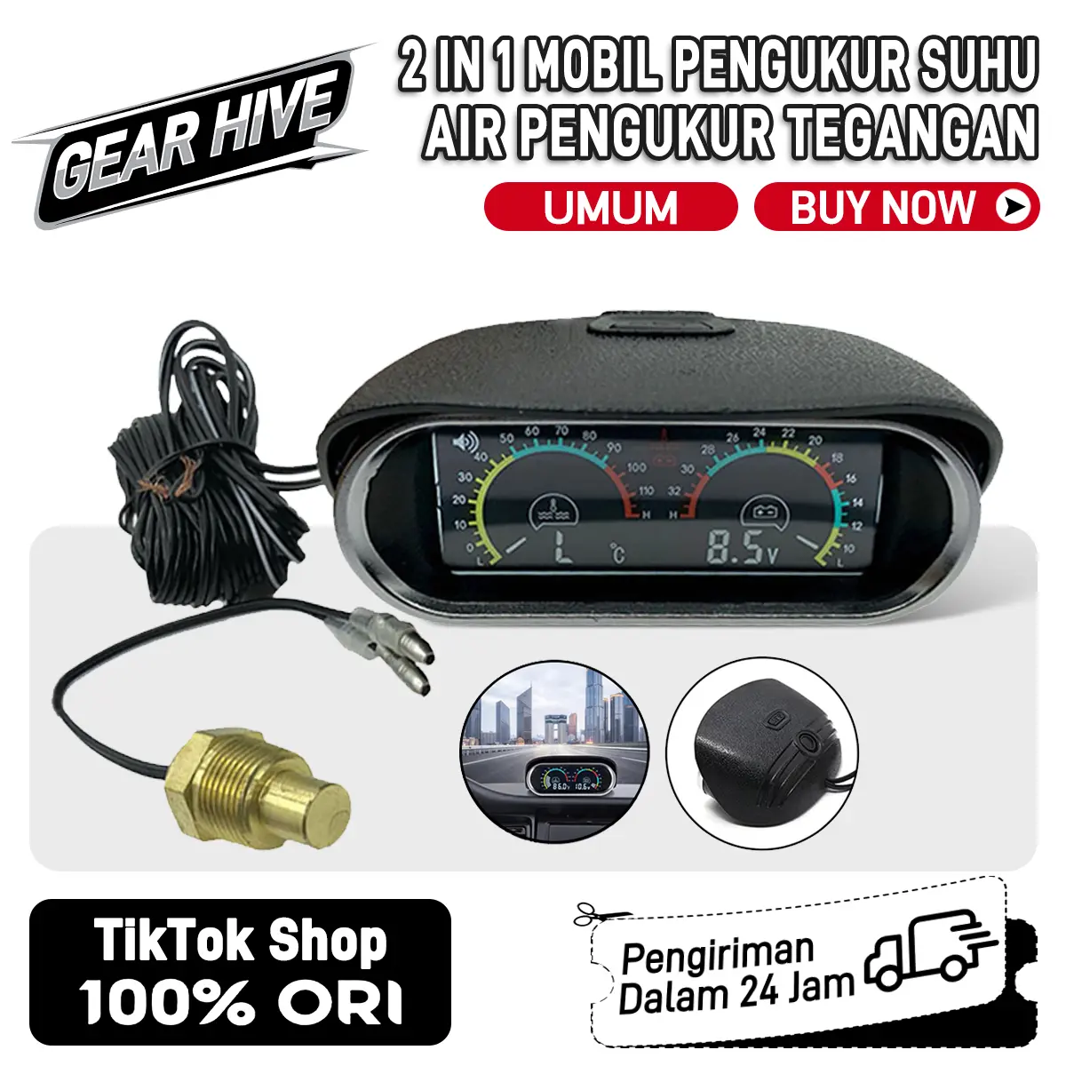 GearHive Voltmeter Universal 2 in 1 9V/36V LCD Motor Mobil Digital Horizontal Gauge Water Temperature