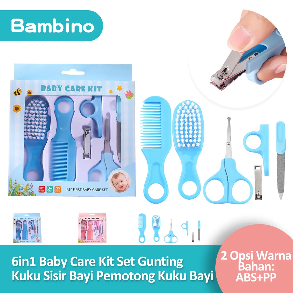 BAMBINO 6in1 Baby Care Kit Nail Set Sisir Bayi Set Alat Perawatan Bayi Newborn Gift Biru Gunting Merah Sikat