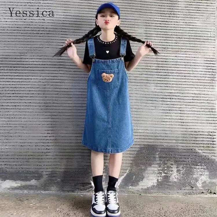 Váy Hai Dây Cho Bé Gái, Váy Yếm + Áo Thun Ngắn Tay, Váy Denim Cho Bé Gái, Bộ 2 Món 2
