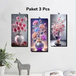 (Paket 3 pcs) Set Hiasan Dinding Ruang Tamu Gambar Bunga 07 Ruang Tamu Dekorasi Rumah Pajangan Dinding Kamar mdf 6mm outdoor poster & produk cetak