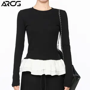 【ARCG】Hitam Kaos oblong lengan panjang Kerah bulat wanita yang slim fit dan membuat langsing Atasan dua lapis-setelan dua lapis imitasi/Kemeja lengan panjang wanita model Korea-santai dan elegan