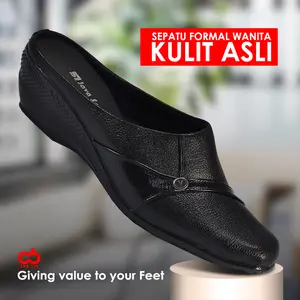 CBR SIX / Sepatu sandal wanita / Bahan kulit asli / Model bustong mule / Warna hitam / Bustong kerja formal kantor / JUP 117 Shoes