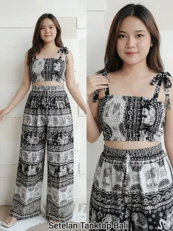 [WL05] One Set Tanktop & Celana Kulot Panjang Motif Gajah Thailand Rayon Adem - Fashion Pakaian Wanita TikShop.id