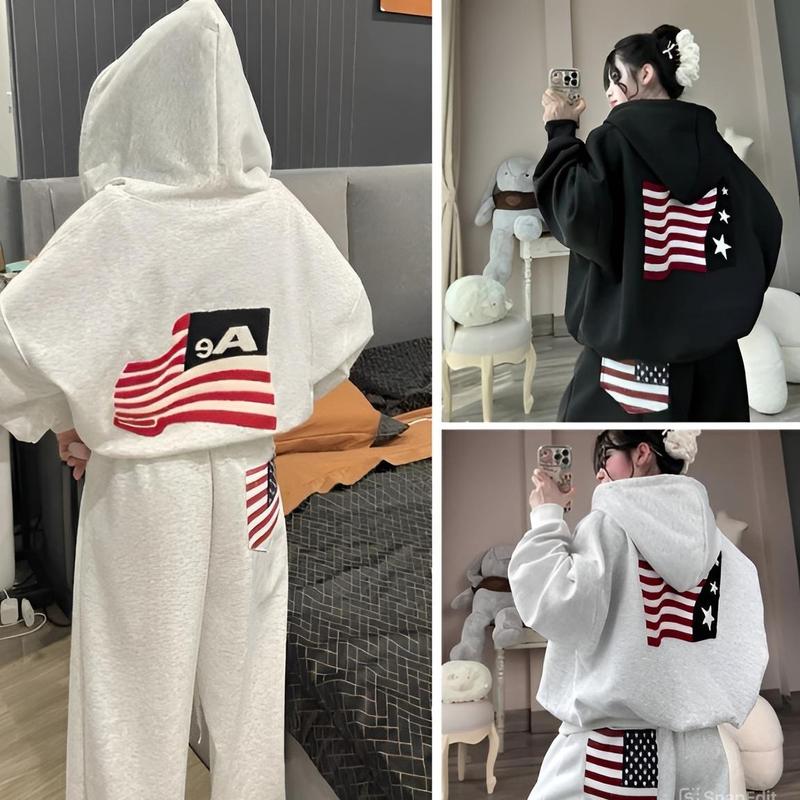 Set Bộ Nỉ Cờ Hoạ Tiết Cờ Mỹ From Thụng Chất Nỉ Tàu, Hình Thêu Xù Sau Lưng Siêu Chất Dành Cho Boy Phố, Girl Phố Siêu Hot Trend