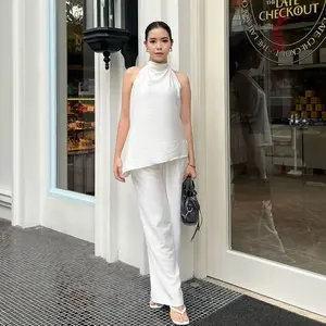 (NEW) GNY ONE SET | Atasan & Bawahan Wanita Korean - Top Baju Wanita Berkerah Tinggi Dengan Tali & Lengan Pendek - Bawahan Kulot Premium