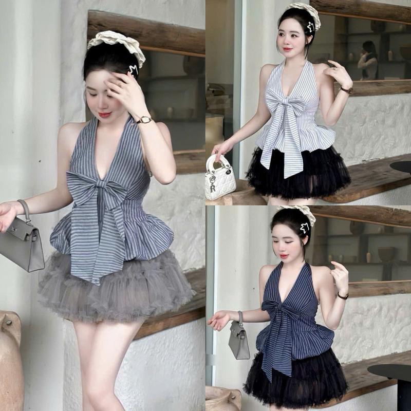  Set váy nữ áo lenin sọc thiết kế cổ yếm đính nơ mocking sau  có mút  mix chân váy lưới nhún bèo ngắn dáng xòe sang chảnh dành cho các nàng diện đi chơi đi tiệc 