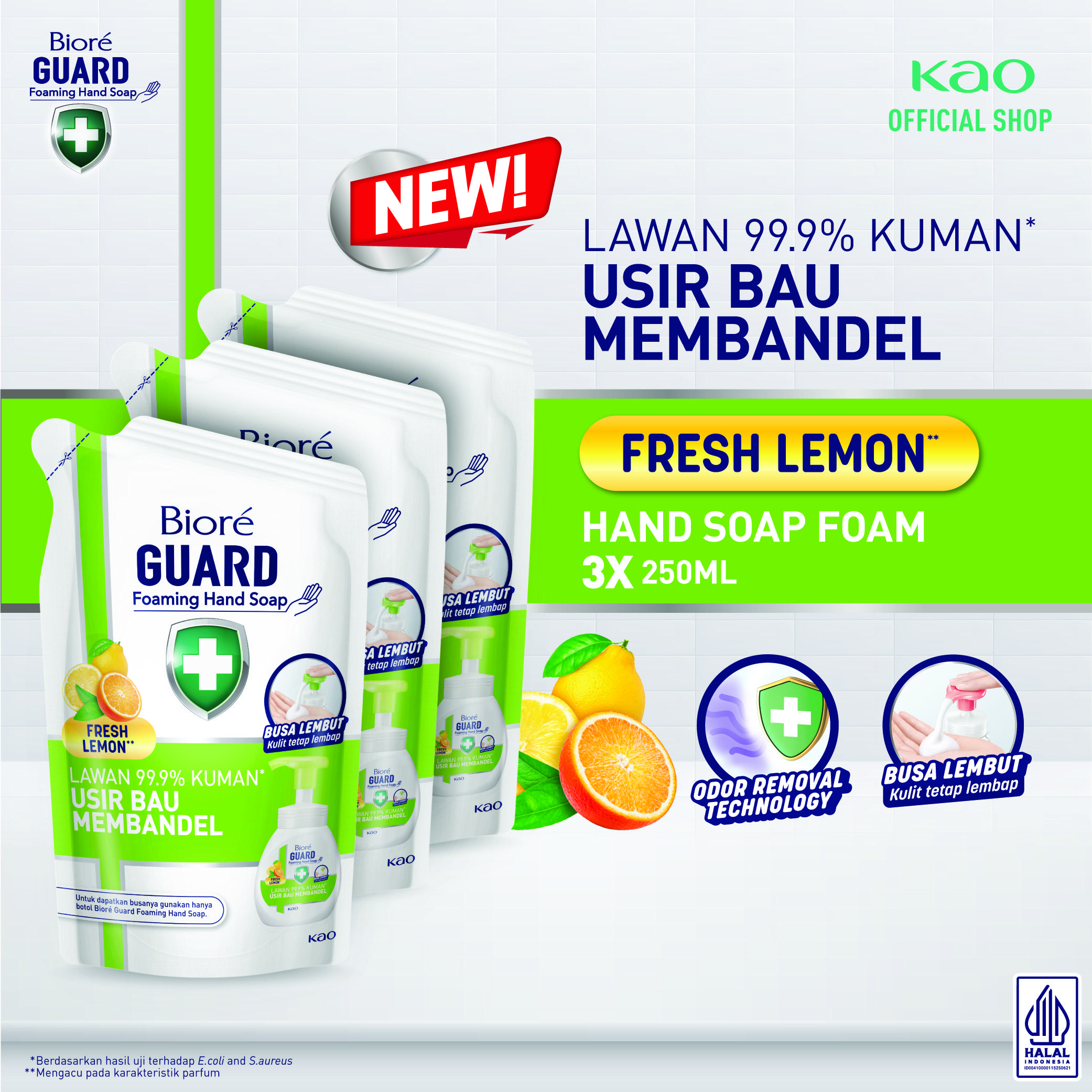 Biore Guard Hand Wash Foam  Fresh Lemon 250 ml Pouch Triple Pack