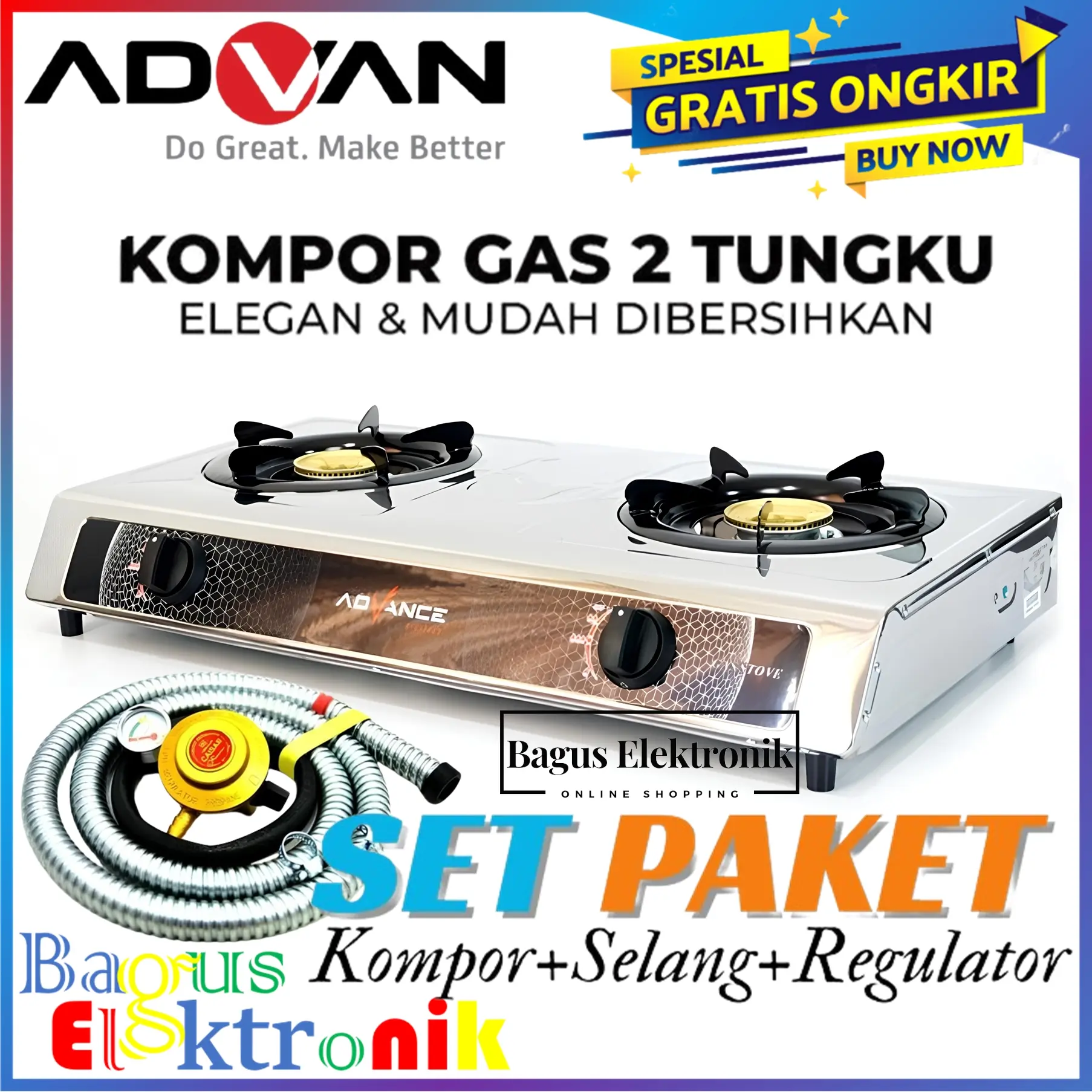 Kompor Gas Advance GB-6602 S+Selang Gas+Regulator Meter Kompor Gas 2 Tungku Stainless Steel