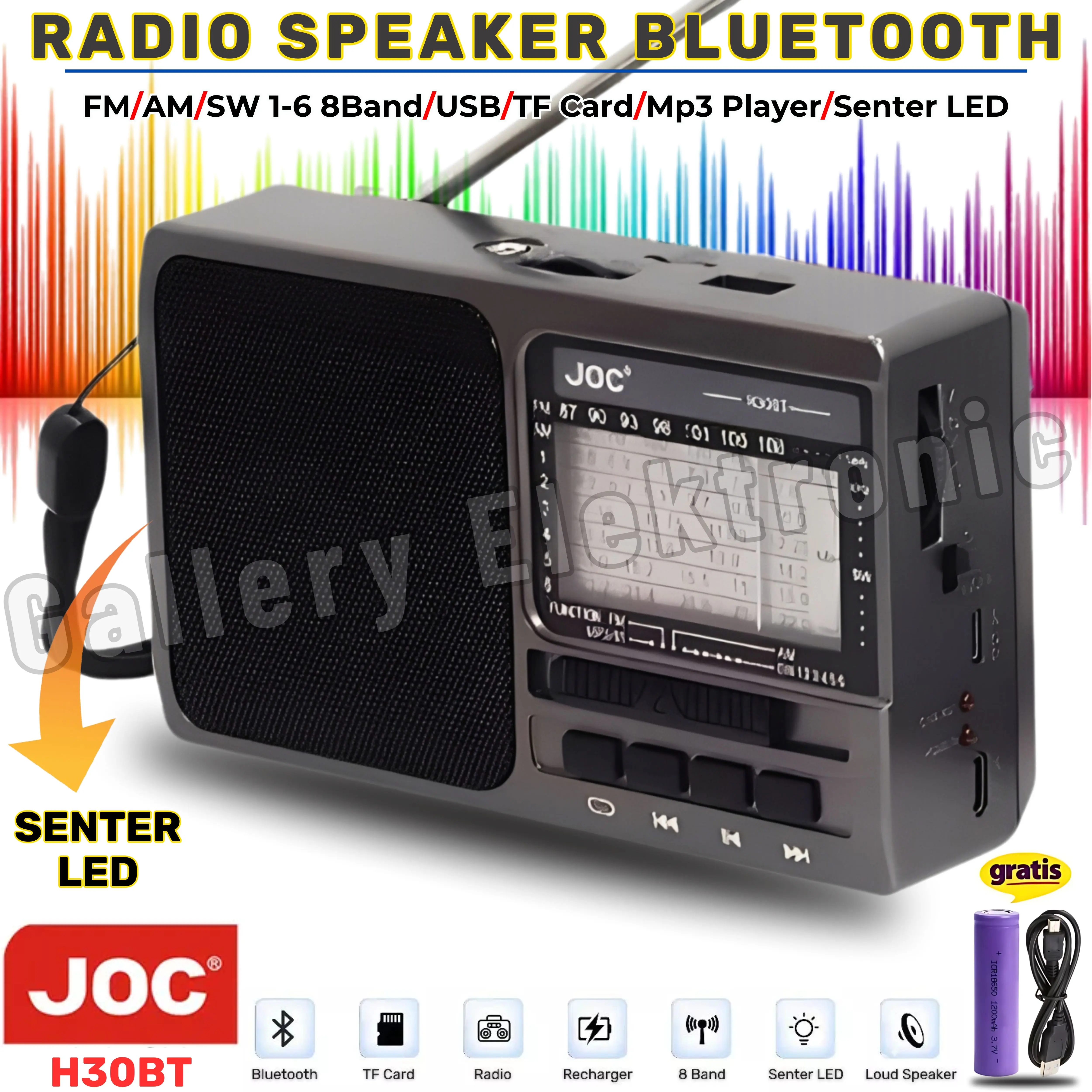 Radio Portable Multifungsi JOC H30BT Ada Senter LED | Speaker Radio Bluetooth Full Bass Salon Aktif Support FM/AM/SW1-6 8Band/USB/TF Card Rechargeable Charger USB | Radio Untuk Murrotal - Radio Mini - Radio Jadul - Radio Antena | Gallery Elektronic