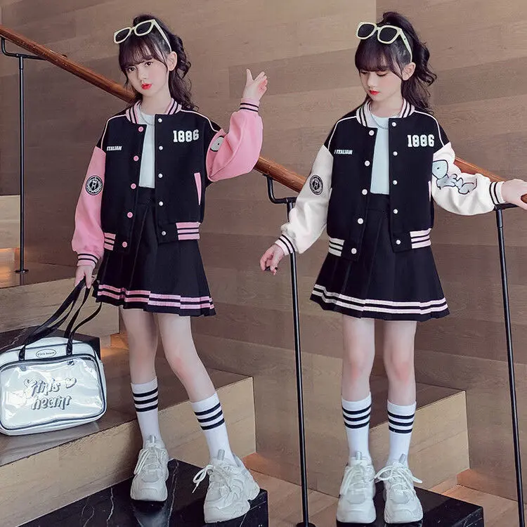 Qeis Wear Setelan Set 2 in 1 High School Style Bomber Jacket + Mini Skirt 5-14Tahun TZ-19