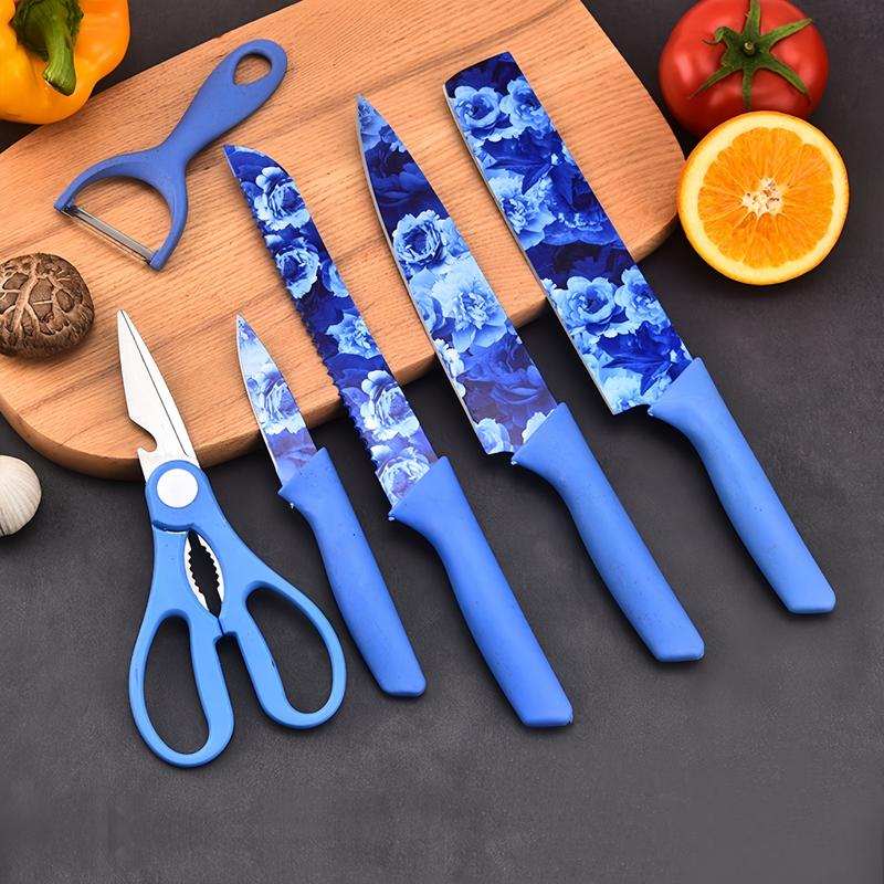 Pisau Set 6in1 Corak Bunga knife Set Stainless Steel Anti Lengket ...