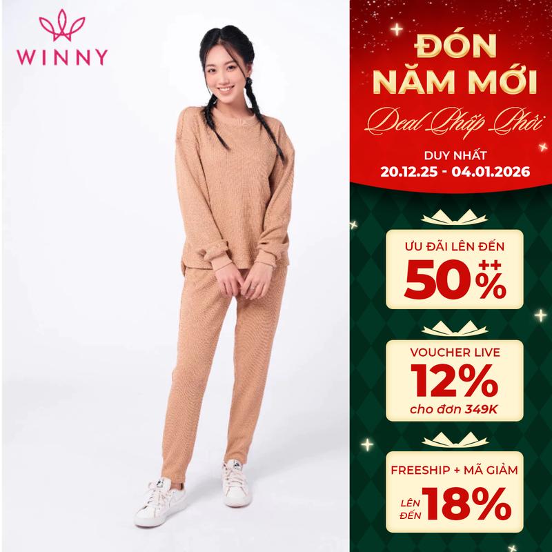  WINNY - 1MNTO22546D - Bộ đồ mặc nhà Winny  Cổ áo tròn thêu chữ 'Make yourself a priority' áo hai tà bo viền cách điệu tay dài quần dài bo chun Chất Liệu Len Tổ Ong mềm mại giữ nhiệt thích hợp mặc nhà dạo phố ngày Đông Nữ Women 1MNTO22546D 