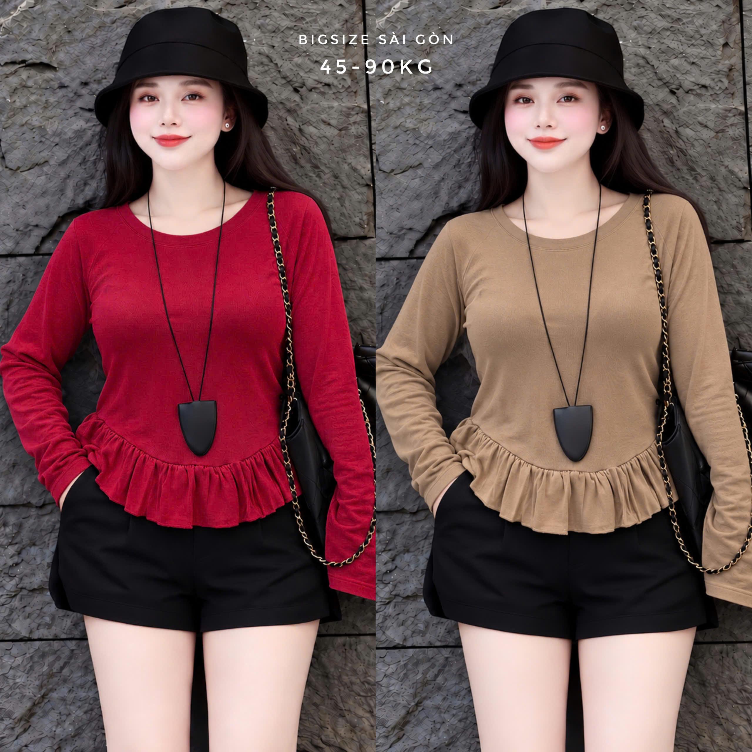 Áo Thun Tay Dài Thu Đông Cổ Tròn Phối Bèo Eo Vải Thun RuBy 40-90Kg Bigsize Sài Gòn - B.1737
