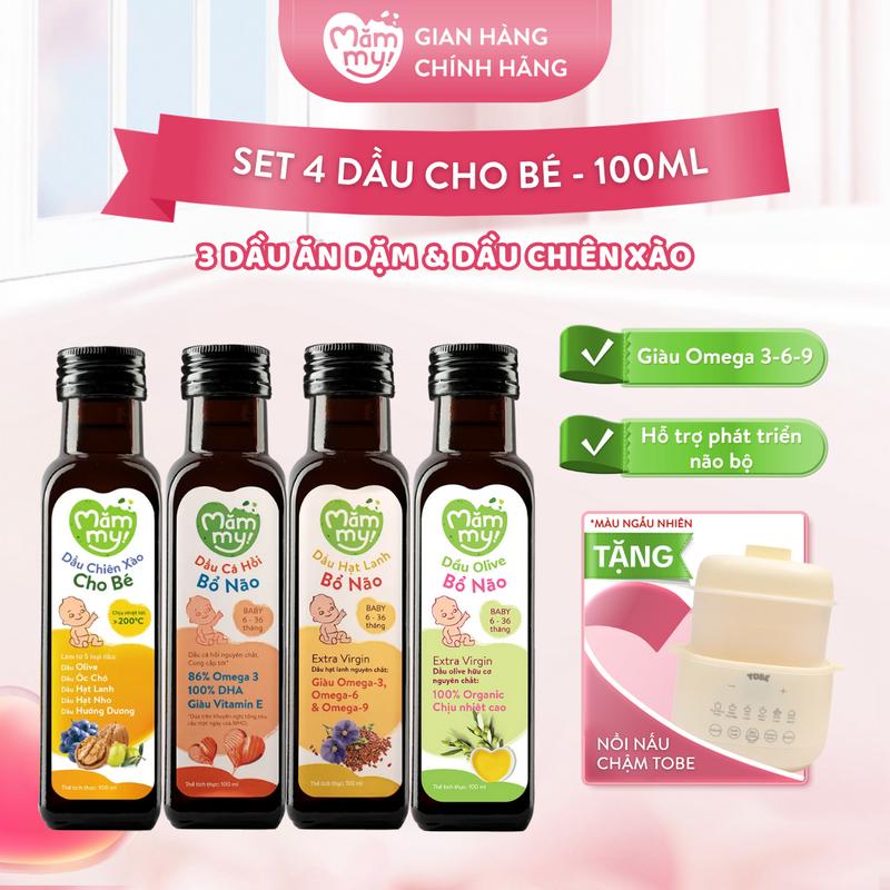 Combo 4 Chai Dầu Ăn Dặm Bổ Não MĂMMY (Cá Hồi Nauy, Hạt Lanh Trung Đông, Olive Ý, Chiên Xào) Bổ Sung DHA, Omega Giúp Cho Bé Từ 6 Tháng Phát Triển Trí Não, Chai 100ml [TB]