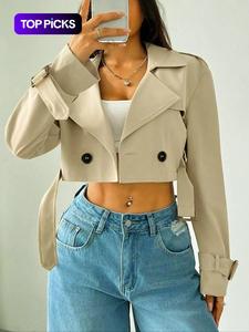 Abrigo corto tipo trench de mujer con doble botón y cinturón, cuello con solapa, manga larga, ropa de abrigo corta casual para primavera y otoño, ropa de mujer para uso diario
