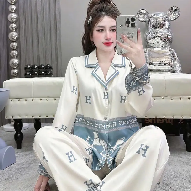 (40-58kg)Bộ Ngủ Nữ Pyjama Lụa Latin Ngựa H Xanh Quần Có Túi Vải Mềm Mịn