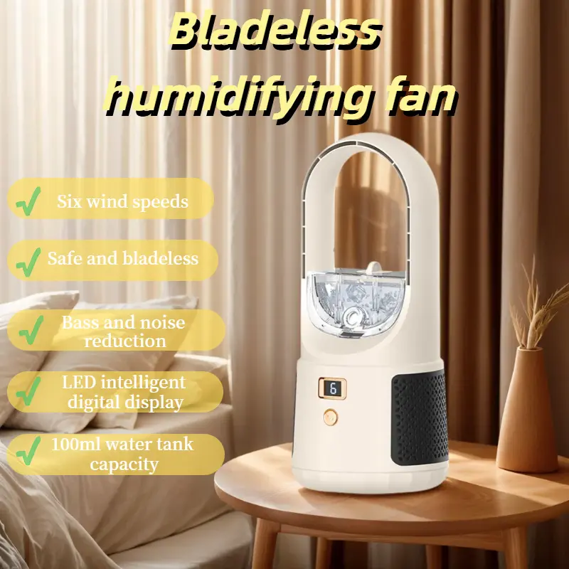 Leafless humidifying fan, six wind speeds  low noise  LED intelligent digital display  100 ml water tank  USB powered, tabletop and floor use