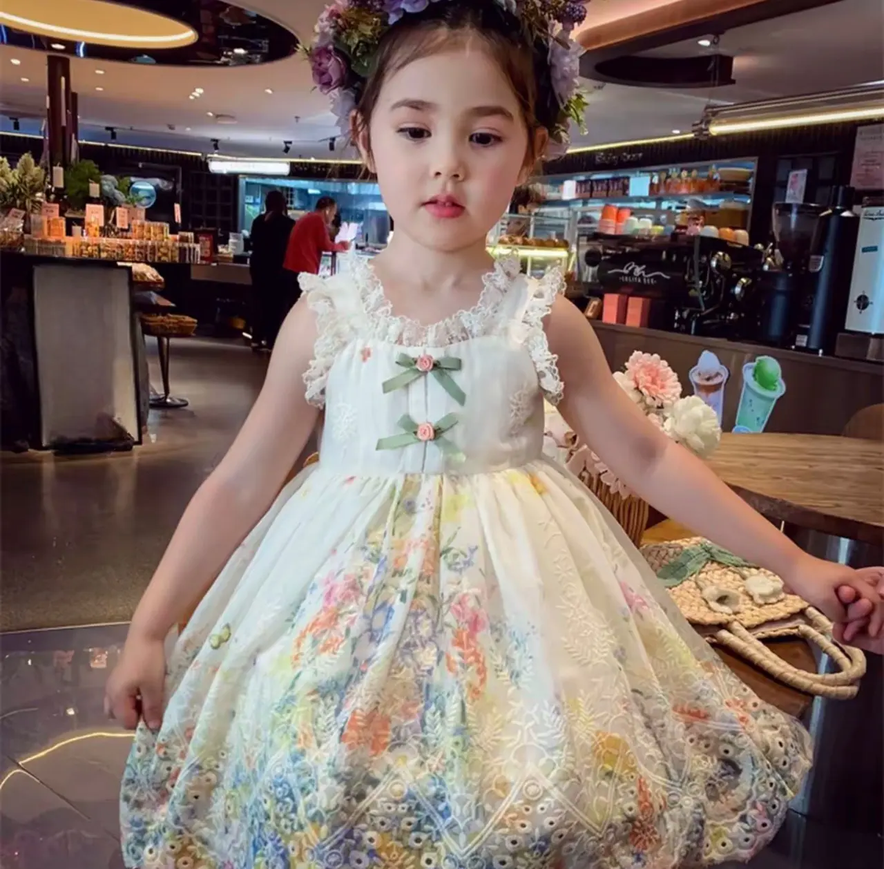 [KIDSFASHIONKOLEKSI] 1175 Dress Camelia Brukat Lace Cream Tile Layer Floral Abstrak with Mini Rose RIbbon Ruffle Anak Perempuan