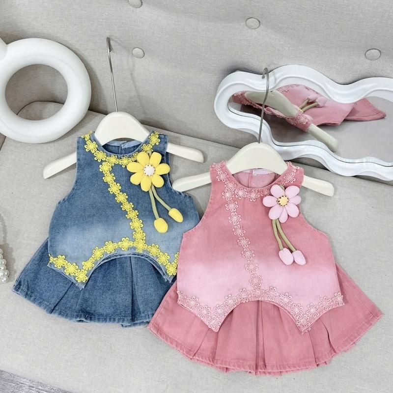  A10- SET ÁO BÒ JEAN HOA XINH ĐẸP KÈM CHÂN VÁY JEAN XOÈ XẾP LY DÀNH CHO BÉ GÁI  8-31kg  