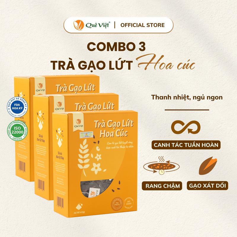 Combo 3 hộp Trà gạo lứt hoa cúc Quê Việt + quà tặng - Hộp 450g 30 túi 15g 600g 24 túi x 25G Nước Trà Tea Chè