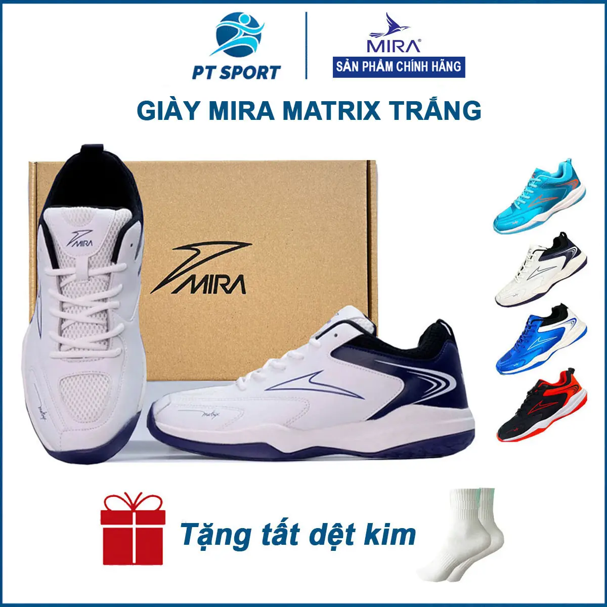 Giày Thể Thao Cầu Lông Bóng Chuyền Mira Matrix | Màu Trắng, Chất Liệu Da Pu Đệm Đế EVA Giảm Chấn, Sneaker Sport Nam