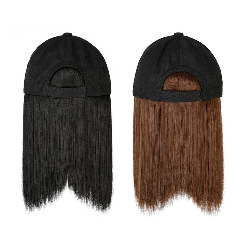 Fashion wig, black hat, hat, long wig, baseball cap, long straight hair, hat with wig m8j9 7