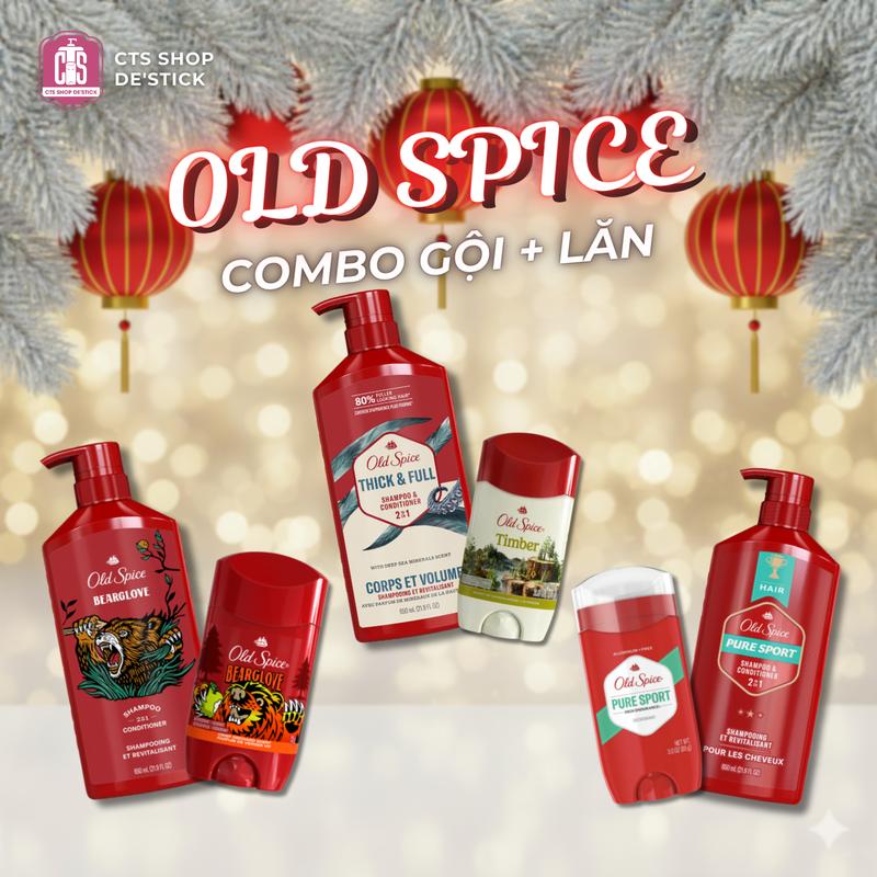 Combo Dầu gội & Lăn khử mùi Old Spice hương Timber,Thick&Full Bearglove Pure Sport
