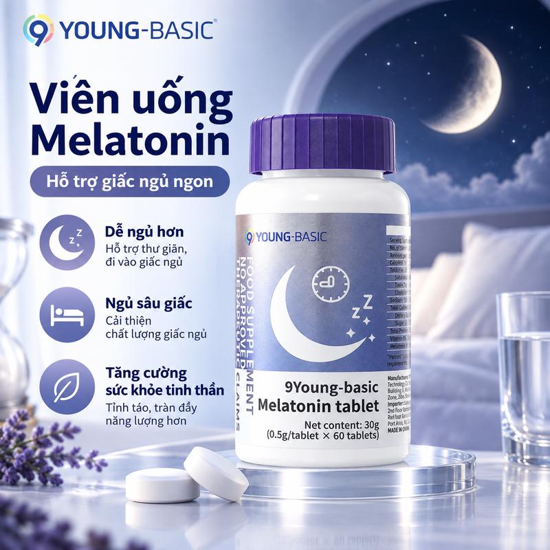 9 YOUNG-BASIC Viên Uống Melatonin + Vitamin B6, Thực Phẩm Bổ Sung Dạng Viên, 90 Viên