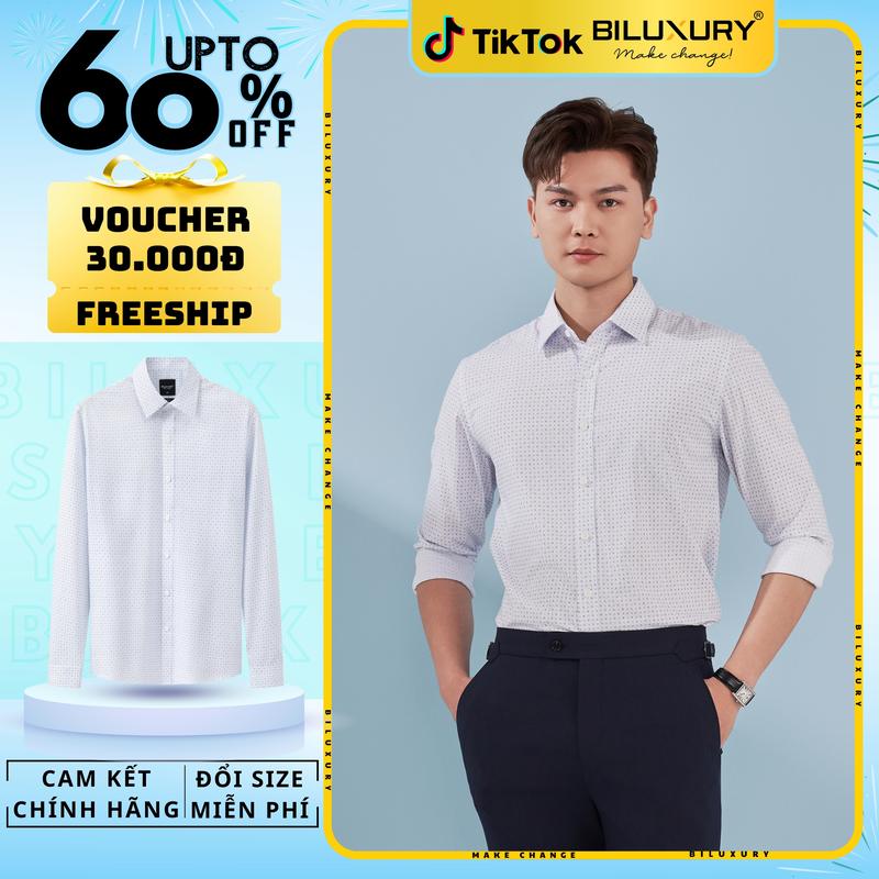 Áo Sơ Mi Trắng  Họa Tiết Biluxury 8SMDH434TRK Cao Cấp Chống Nhăn Co Dãn Mềm Mại Form Casual Thoải Mái Tôn Dáng Menswear Nam Có Cổ