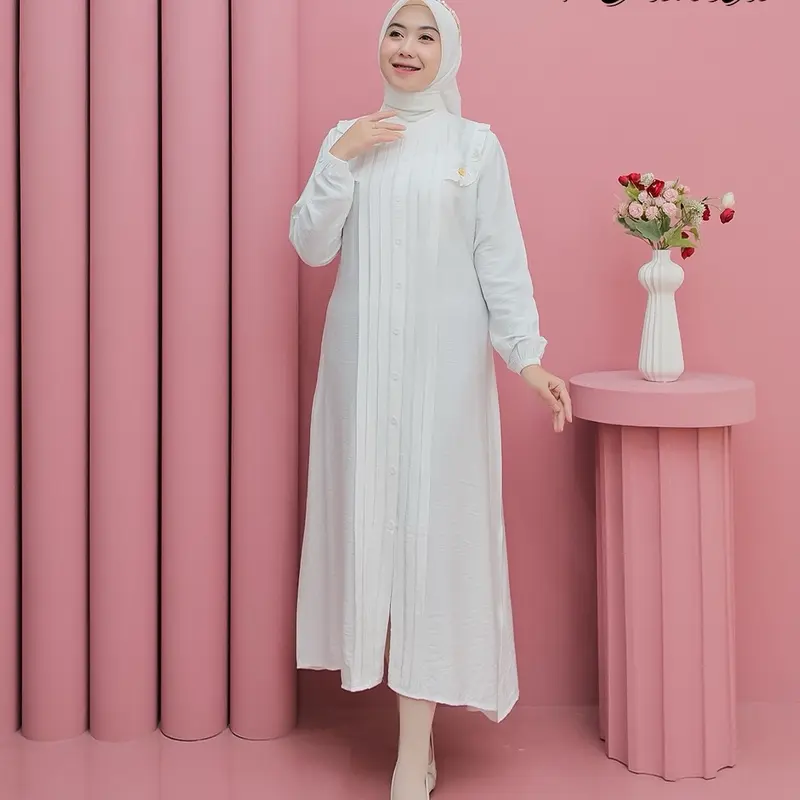 Aleva Midi Dress Polo Linen Kancing Premium By VanilaHijabFashion Lembut Wanita Muslim Linen Midi Nyaman Mewah 5