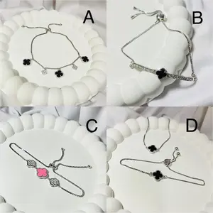 Gelang Perak Silver Wanita Serut Adjustable Gelang Clover Bunga Hitam