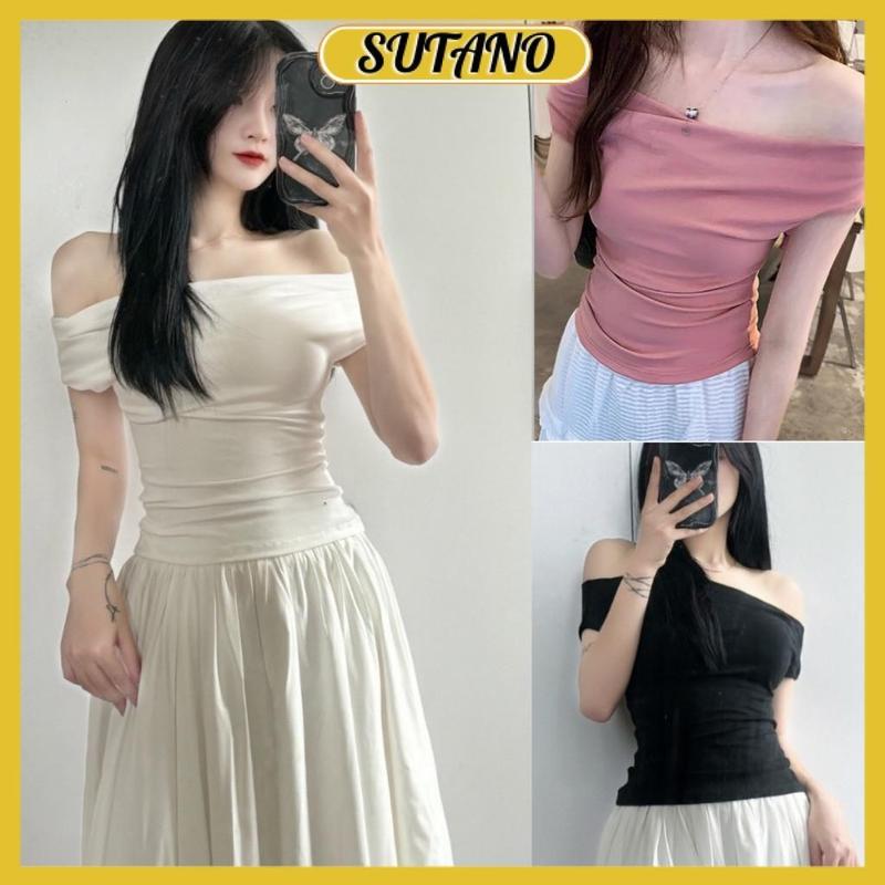 Áo trễ vai cộc tay nữ áo kiểu nữ bẹt vai mùa hè cotton mềm mịn mát A441 SUTANO
