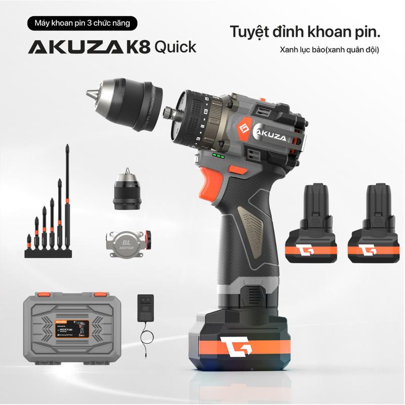 Máy Khoan Pin AKUZA K8 QUICK Đầu 4 trong 1 - Có Búa - Mắc gài kim loại - đầu kẹp auto lock - Ngậm vít nhanh