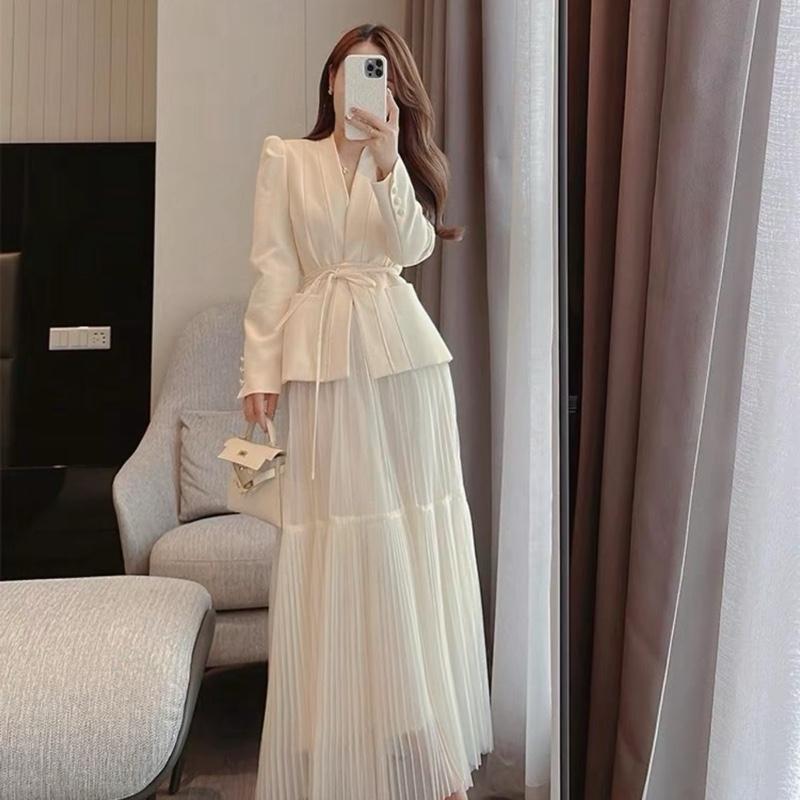 Sét 512 sét bộ áo vest suông gọn dài tay kèm dây eo chân váy lưới rập li sét áo vest thanh lịch tiểu thư mặc đi làm đi tiệc