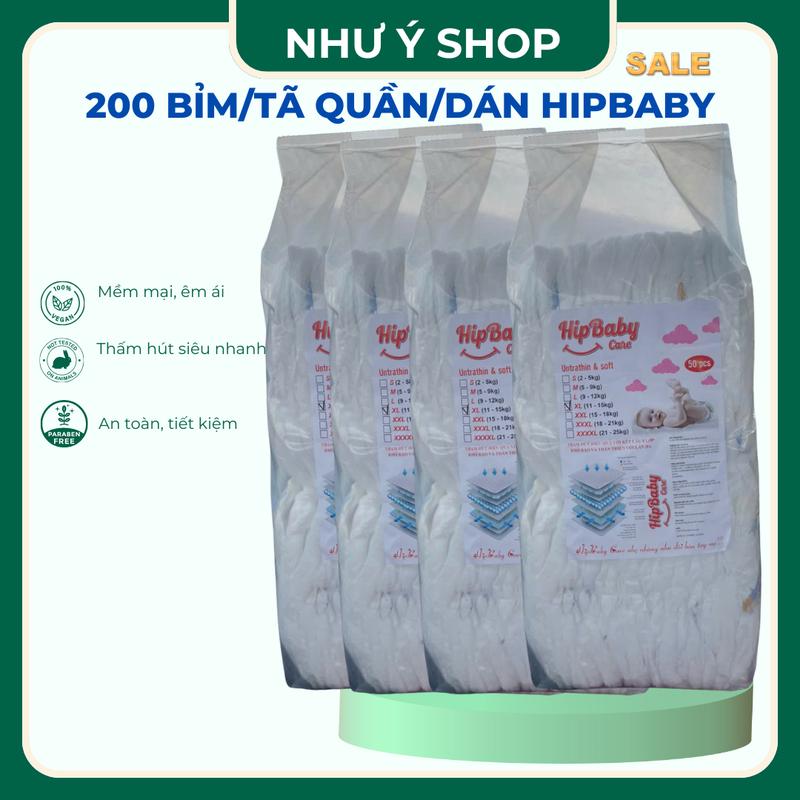 HipBaby Care - Combo 200 Miếng Bỉm Tã Quần Dán Size S-3XL Thấm Hút Siêu Nhanh An Toàn Không Dị Ứng Cho Bé