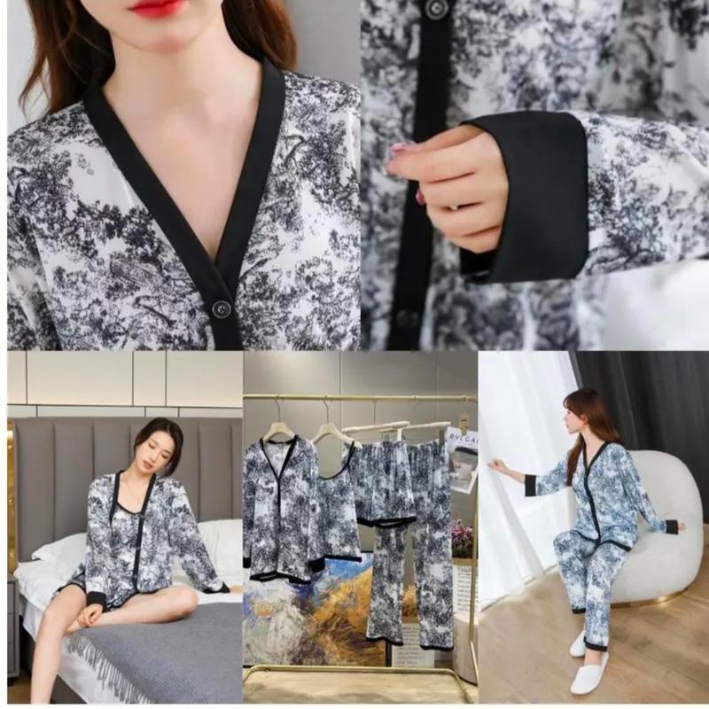 Piyama wanita empat potong lengan pendek dan lengan panjang Satin Lembut 7